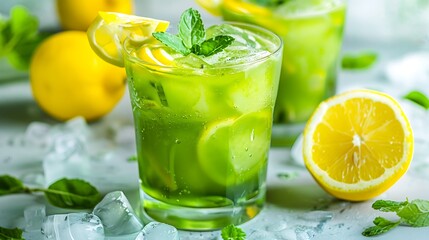 Fototapeta premium Matcha lemonade in a clear cup with fresh lemon slices