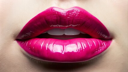 Fototapeta premium Close-up of Fashionable Pink Lips Against a Soft White Background - Captivating Beauty in Minimalist Style for Makeup and Cosmetic Imagery