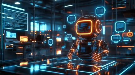 Advanced AI-powered chatbot in a futuristic workspace, featuring neon-lit screens and a glowing interface, symbolizing conversational AI and machine learning.