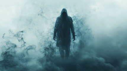 Fototapeta premium Mysterious hooded figure emerging from dense swirling fog, evoking a sense of mystery, anonymity, and suspense in a surreal, atmospheric environment.