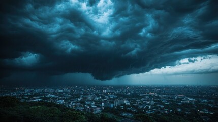 Obraz premium Rain storm: Dark clouds looming over a city with heavy rain and wind blowing in a thunderstorm