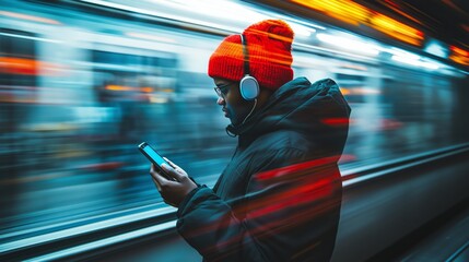 Urban commuter wearing headphones and a red beanie, focused on a smartphone while listening to a podcast, with motion blur of a passing subway train.