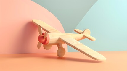 Minimalist wooden toy airplane soaring against pastel backdrop