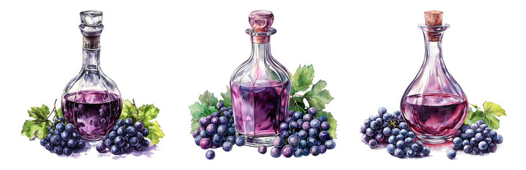 Vintage Glass Bottles with Purple Liquid and Grapes Isolated on transparent background