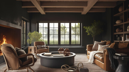 Fototapeta premium A living room with dark wooden paneling, black walls, and a vintage leather sofa. The room has white oak flooring and a coffee table. 