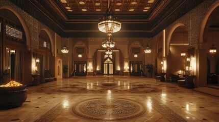 Obraz premium Arabic-style luxury hotel, intricate mosaic patterns, large chandeliers, opulent design,