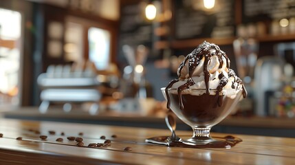 Mocha ice cream with chocolate sauce set against coffee shop backdrop