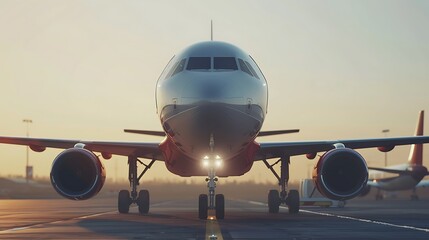 Naklejka premium Modern airplane front view sunlight high lighting its form