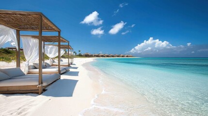 Fototapeta premium Serene luxury beach with crystal-clear waters, white sand, and luxury cabanas