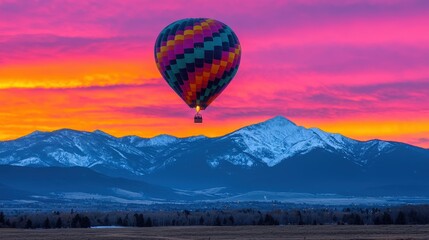 Fototapeta premium Vibrant Hot Air Balloon Sunrise over Snowy Mountains