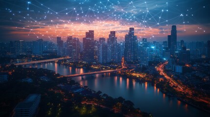 Obraz premium A Cityscape at Night with a Network of Connected Lights Above