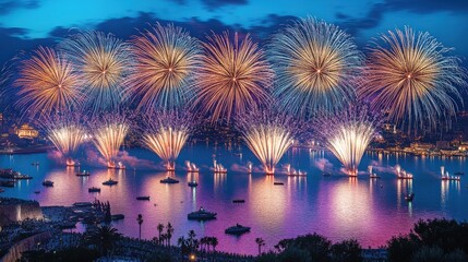 Obraz premium A vibrant fireworks display over a serene waterfront at dusk.