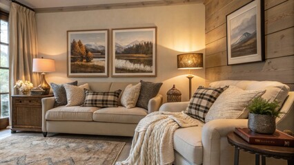 Inviting atmosphere with plush cushions elegant throws and artwork that reflects the surroundings.