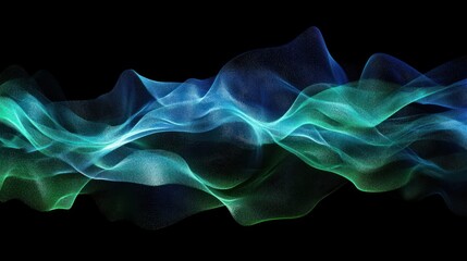 Deep blue and emerald green wave of particles, dark background, technological effect