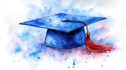 A hand-drawn, cartoon-style watercolor painting of a blue graduation cap with a tassel on a white background