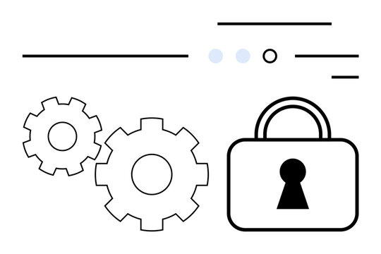 Padlock with keyhole and two gears connected alongside three circular indicators and parallel lines. Ideal for cybersecurity, data protection, machinery, internet safety, network security
