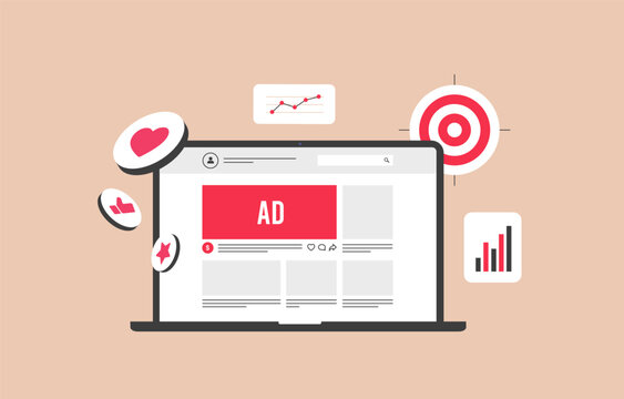 Social media advertising concept. Laptop with targeted ads, analytics, engagement icons and charts. Digital marketing, PPC campaigns, audience targeting and social media promotion vector illustration