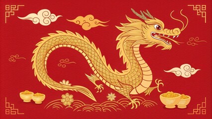 Obraz premium Golden Yearning A bold largerthanlife golden s gracefully arches across a bright red canvas. Its eyes glisten with determination and the surrounding decorations include small gold