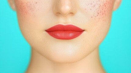 Close up Woman s Face Red Lips Freckles Turquoise Background Beauty Cosmetics Skincare