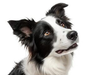 Fototapeta premium Black and white border collie portrait isolated on white background. Border collie headshot on white