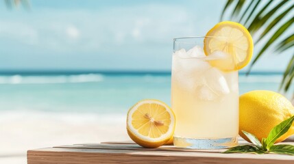 Fototapeta premium Refreshing lemonade with crushed ice beachside drink tropical environment close-up view summer vibes for relaxation