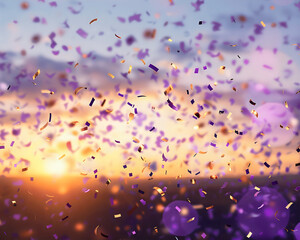  For Christmas and Happy New Year backgroung , purple and gold bokeh with sunset background
