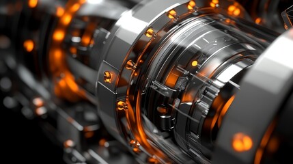 Fototapeta premium Close-up of a Shiny Metallic Gear Mechanism with Orange Glow