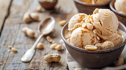 Fototapeta premium Peanut butter ice cream topped with peanuts set on a cozy wooden coffee table