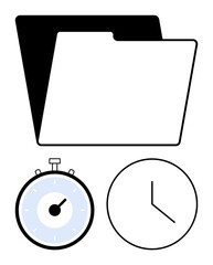 Folder stopwatch and clock highlight themes of scheduling efficiency, and punctuality. Ideal for productivity, time tracking, project management, deadlines, planning, and workflow. Line metaphor