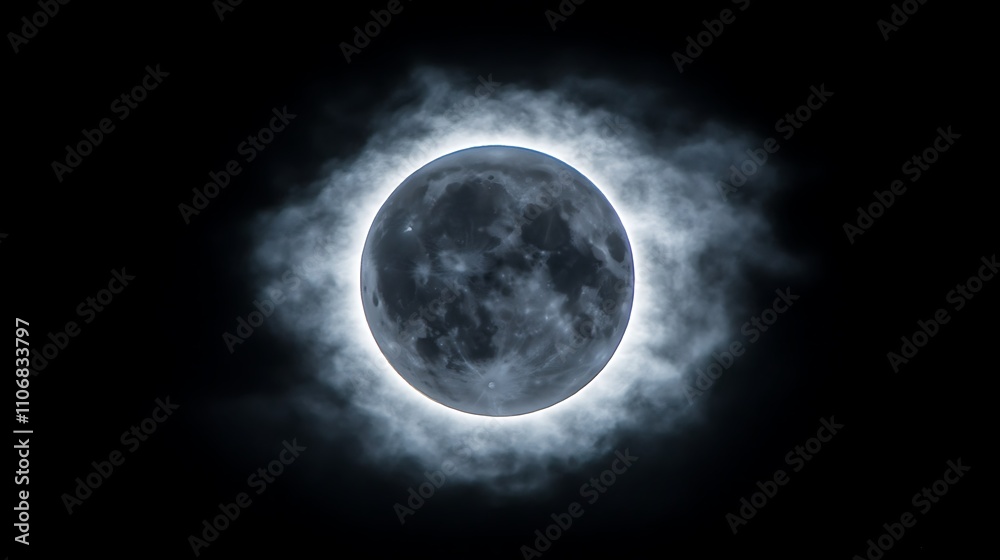 Wall mural the moon surrounded by a glowing halo with faint clouds passing in front of it