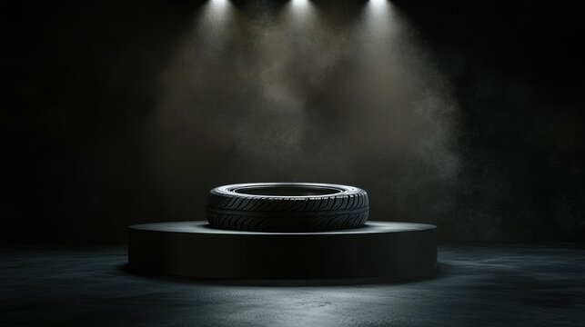 A solitary tire displayed under dramatic lighting on a podium in a dark environment.