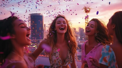 Joyful young women in trendy outfits celebrate on a vibrant rooftop as confetti falls and city lights twinkle.