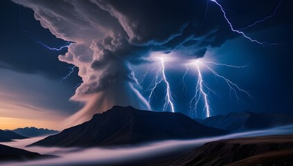 A dramatic storm brews over a mountain range, with powerful bolts of lightning illuminating the dark, swirling clouds. The scene is both intense and mesmerizing, highlighting the raw energy of nature.