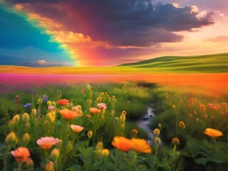 Obraz premium A vibrant landscape showcases a colorful field of flowers under a dramatic sky with a vivid rainbow arching above. The lush greenery contrasts with the deep hues of twilight, creating a serene scene