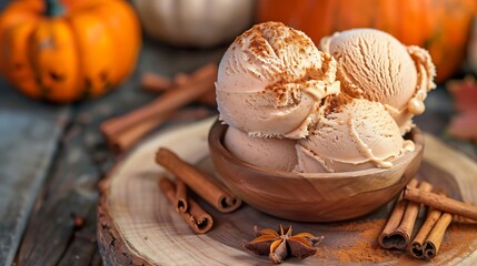 Fototapeta premium Pumpkin spice ice cream with cinnamon sticks on a wooden board surrounded by pumpkins