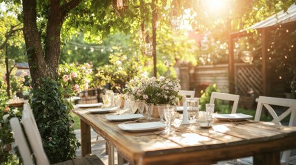 Fototapeta premium Intimate Outdoor Micro Wedding Brunch: Elegant Table Setting Amidst Blooming Flowers in Sunlit Garden - Joyful Celebration Concept