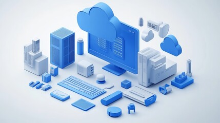 Cloud computing isometric illustration showing server, computer, and peripherals.