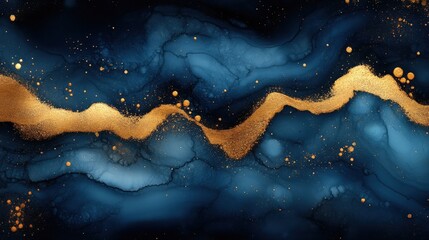 Abstract artwork featuring deep blue hues and a shimmering gold wave.