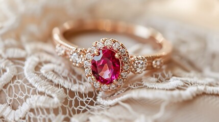 Fototapeta premium Rose gold ring with ruby accents placed on lace pillow