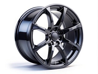 Obraz premium Black Supercar Wheel Clipping Path, Isolated on White Background, Magneto Wheels, Dynamic Movement, Top View Flat Lay for Car Decoration and Automotive Product Photography