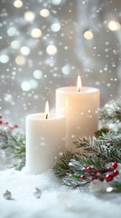 Vertical image of Beautiful Christmas candles stand on the table with white silver snow background on the left with copy space for text on the right