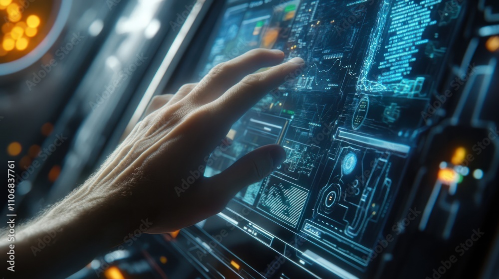 Poster a hand interacts with a digital interface displaying technology trends and data analysis in a futuri