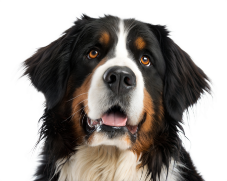 Bernese mountain shepherd portrait looking at camera isolated on white background. Bernese mountain shepherd headshot 