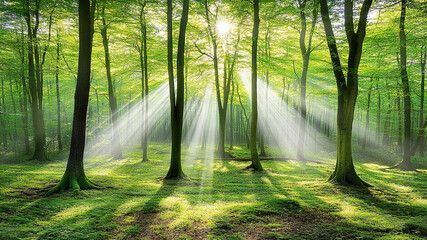 Obraz premium Sunlight filters through green trees in a tranquil forest setting during the day