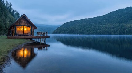 Fototapeta premium Serene Lakeside Cabin Glowing Tent Peaceful Night Nature Escape
