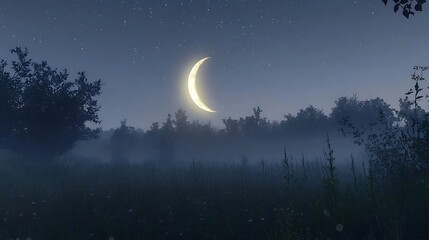 Naklejka premium A crescent moon glowing softly over a misty meadow with faint starlight above