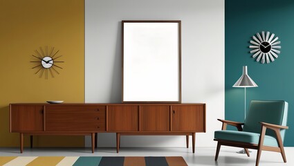 An empty poster frame mockup in a mid-century modern interior