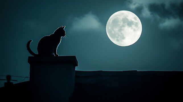 A cat sitting on a rooftop silhouetted against a full moon in a dark sky