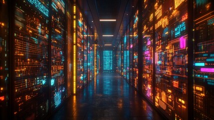 Fototapeta premium A Futuristic Server Room with Glowing Data Displays