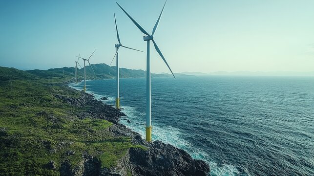 Aerial view of wind turbines along a rocky coastline, promoting renewable energy. - Powered by Adobe